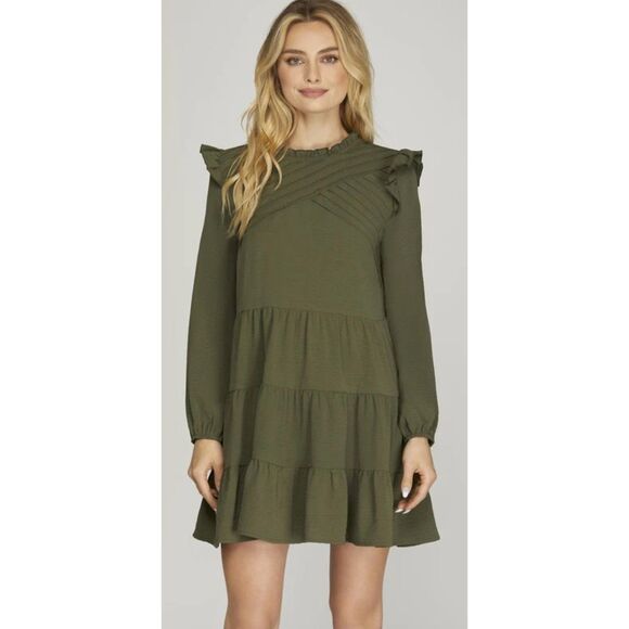 She + Sky Sage Pintuck Detail Tiered Skirt Woven Mini Dress in Olive Sz L - Picture 1 of 5
